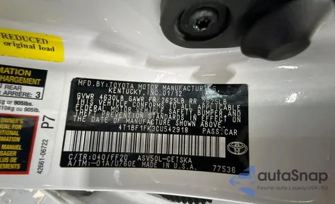 2012 Toyota Camry Base from USA, damaged, VIN 4T1BF1FK3CU542918